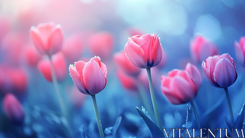 Pink Tulips Waltz Through Azure Dreams and Bokeh