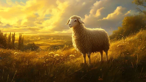 Sunlit hillside sheep crowned by molten gold horizon glow.