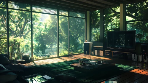 Sunlit glass-walled living room integrates dense exterior foliage