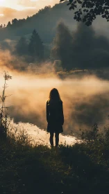 Silhouette of lone figure by misty lakeside at sunrise.