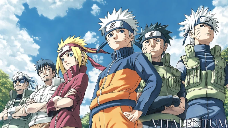 Group of determined anime ninjas standing outdoors.