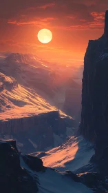 Crimson moonlight pours molten gold across frozen canyons
