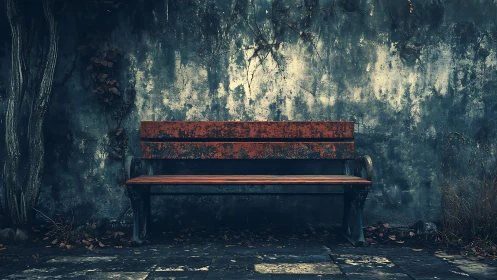 Photorealistic abandoned bench against weathered garden wall.