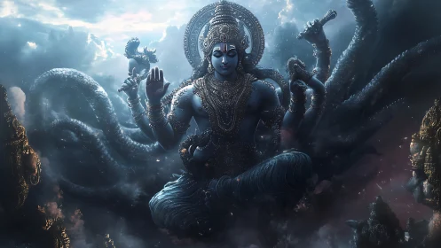 Cosmic multi-armed deity rises through storm-lit nebula