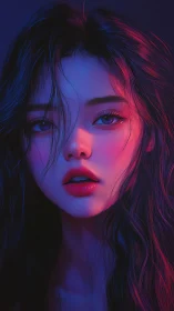 Neon hush on midnight hair, where electric longing lingers.