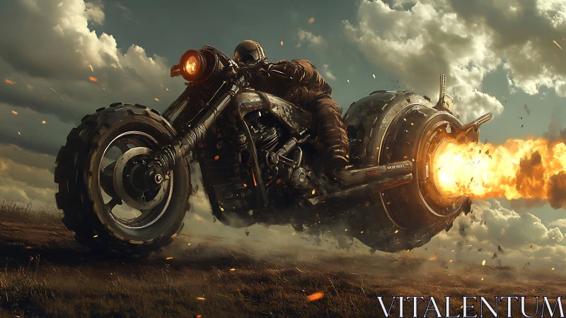 Sky-scorching wasteland rider on a fire-jet war bike.