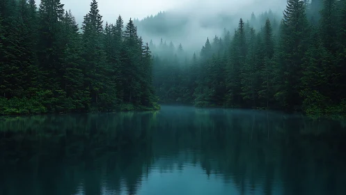 Misty Coniferous Lake Landscape with Dense Forest Reflection.