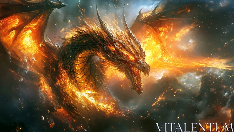 Infernal dragon unleashes firestorm across apocalyptic sky