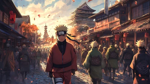 Naruto cosplay crowd on lantern-lit village festival street
