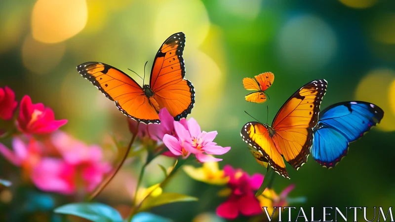 Butterflies on pink flowers against blurred green background.