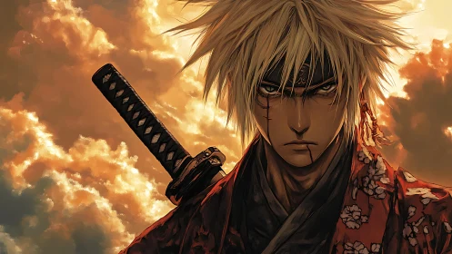 Storm-eyed samurai carves silence into a burning sky