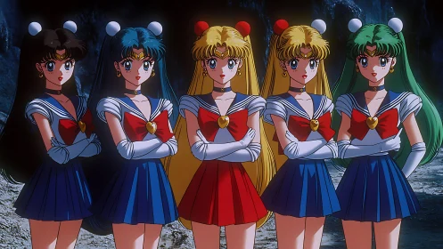 Five magical anime heroines in matching sailor uniforms.