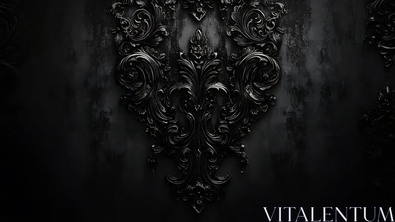 Baroque black ornamental relief on distressed dark wall.