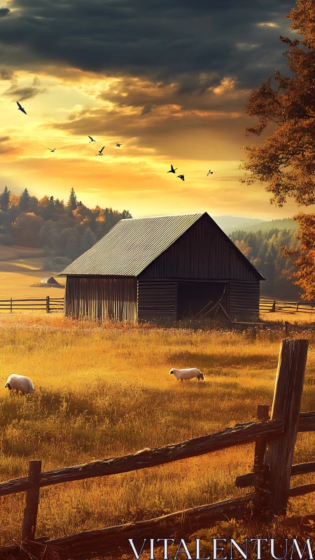 Rural barn and sheep under warm sunset sky in autumn fields.