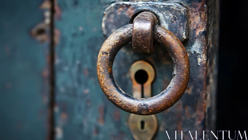 Rusted iron door ring frames worn keyhole on patina steel