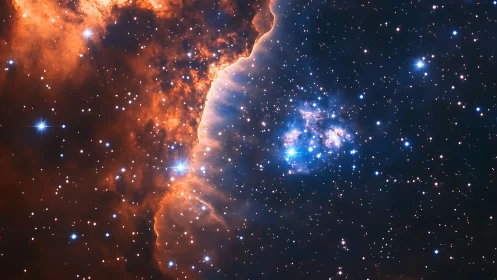 Ionized nebular wall and blue star cluster in high-resolution space field