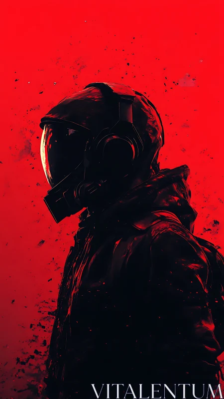Lone astronaut silhouette against stark crimson void