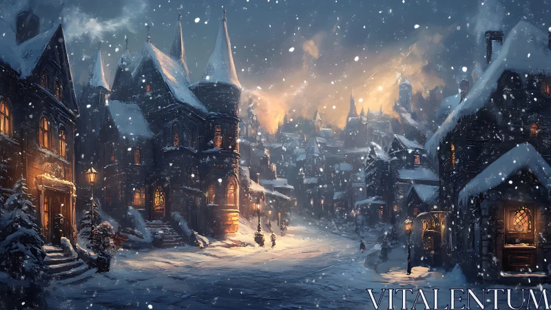 Snowlit village glows like a storybook ember in winter dusk