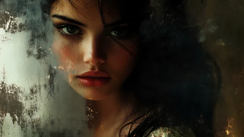 Storm-eyed muse behind worn glass, half in shadowed hush.