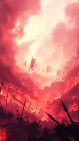 Triumphant Dawn: Soldiers Rally Beneath Crimson Skies.