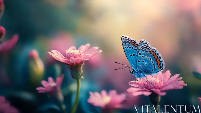 Sky-blue butterfly sipping twilight on pink garden blooms.
