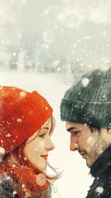 Winter Romance: Two Figures Converge in Snowfall with Urban Background