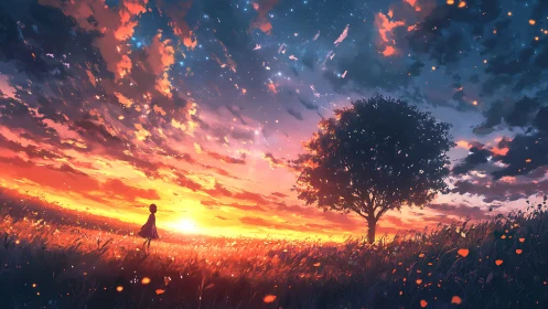 Girl in glowing sunset field under dreamy starlit sky.