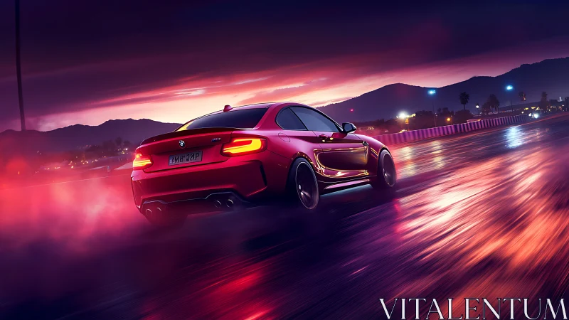 Neon dusk racetrack lets scarlet sports coupe chase lightning