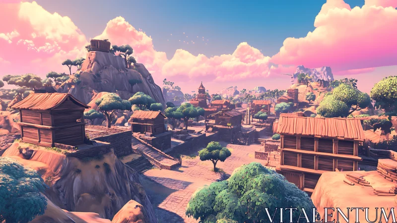 Sunlit timber village drifts under sherbet cotton skies
