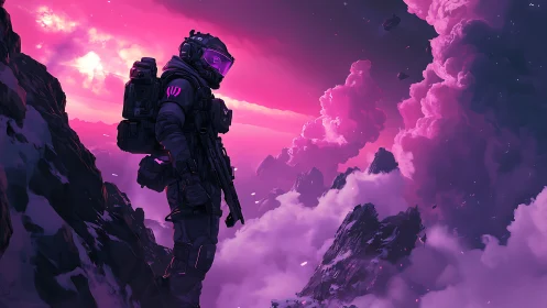 Starlit explorer pauses above neon clouds on alien cliffs