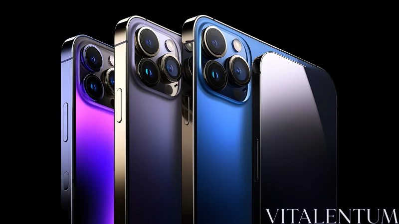 Smartphones stand upright showing triple camera modules