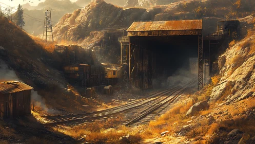 Rust-gold rail tunnel breathes mist into a forsaken canyon.