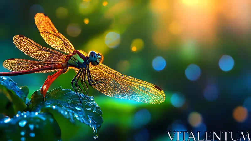 Dragonfly rests on wet leaf under strong backlit bokeh