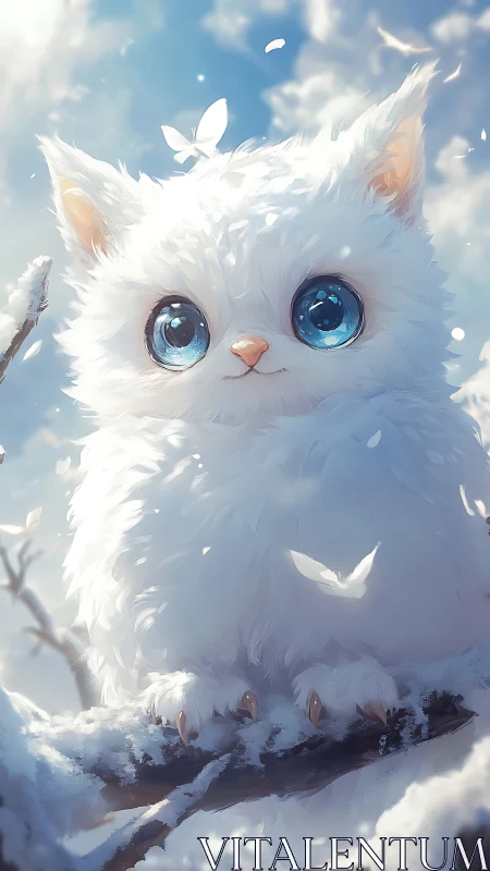 Snowy blue-eyed kitten on winter branch with butterflies.