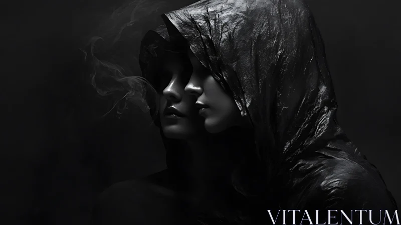Two hooded female faces overlap in low key lighting