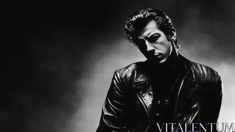 High-contrast noir portrait renders slick-haired man in leather