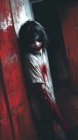 Bloodstained hallway specter leans against cracked red wall