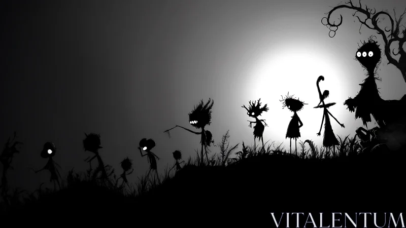 Shadowy children march across a moonlit, eerie hillside