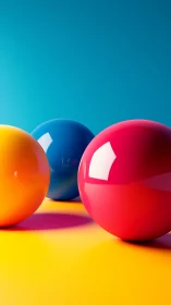 Vivid glossy spheres on bold cyan and yellow ground.
