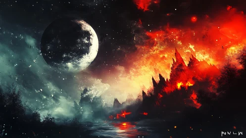 Lunar-lit volcanic skyline divides icy void and burning horizon