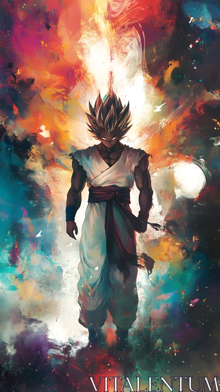 Cosmic warrior strides through swirling painted energy.