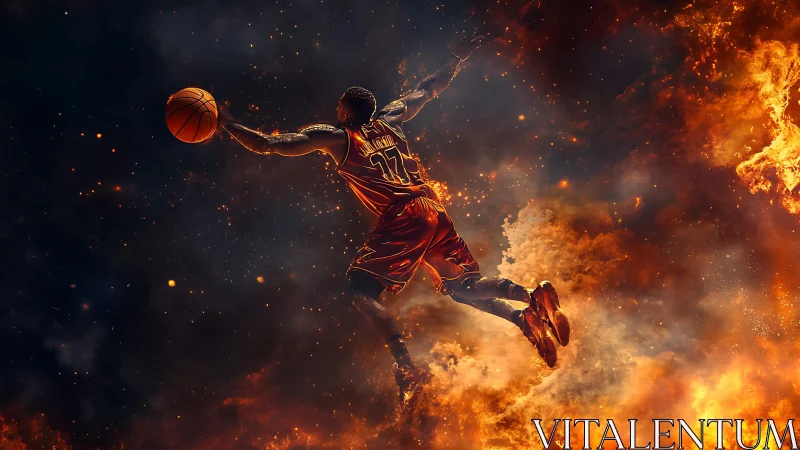 Basketball player in midair against composite fire background