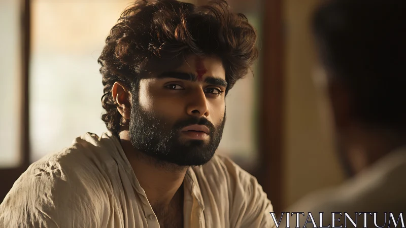 Pensive young man in soft window light holds a steady gaze.