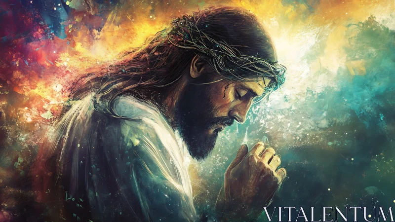 Christ in solemn prayer amid radiant abstract colors.