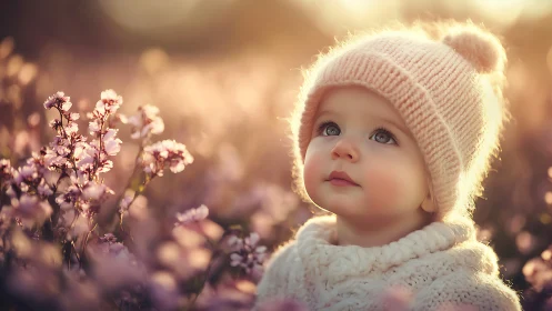Young child in knit hat amid flowering field landscape composition
