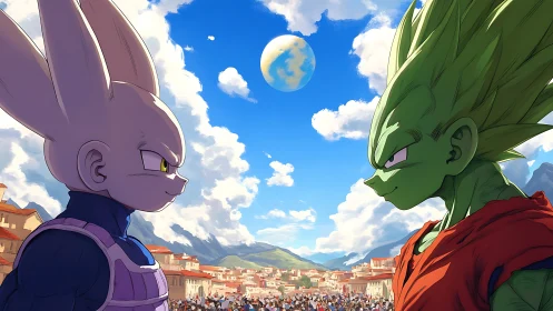 Two anime fighters face off above a town under bright sky