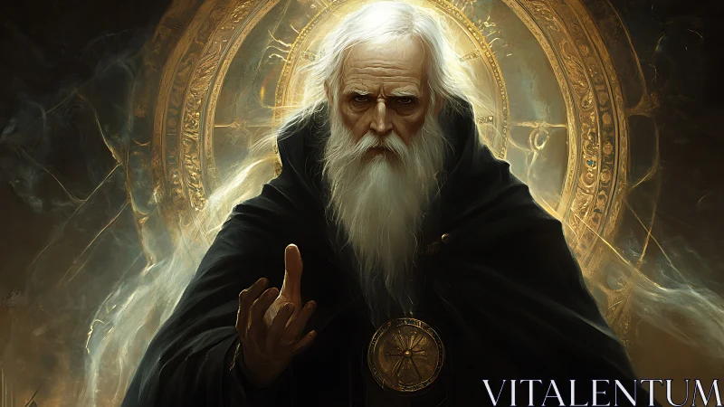Elderly robed figure before ornate circular sigil.