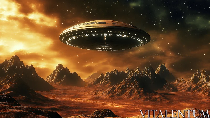 Futuristic disc-shaped spacecraft hovers over rocky alien desert