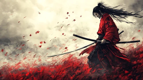 Solitary samurai strides through crimson field in dynamic wind