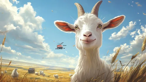 Smiling white goat in sunny wheat field with drone bus.
